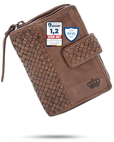 Baur Damen Geldbörse aus extra weichem Waschleder – Handgeflochtener Geldbeutel im Used-Look mit RFID-Schutz –Kleines Portemonnaie mit vielen Kartenfächern & Münzfach mit Reißverschluss (Dunkel Braun)