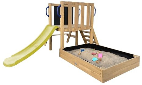 AXI Leah Torre gioco Mini per bambini in legno, scivolo verde | Casetta da gioco compatta per giardino/sabbiera, cucina da gioco e lavagna | Giochi in legno da esterno