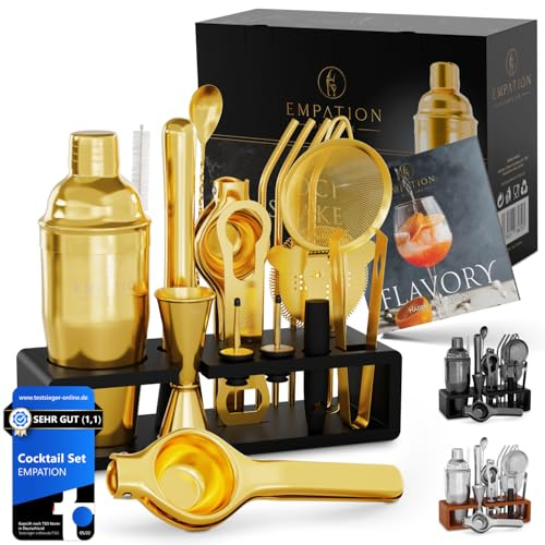 Cocktail Making Kit Gold, 700 ml Cobbler Cocktail Shaker made of Stainless Steel, safe pouring & no spilling, Professional Cocktail Set with Stand & Recipe Book, Cocktail Mixing Set for Bartenders