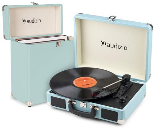 Pack Audizio RP116BL Platine Vinyle Bluetooth in/Out Haut-Parleurs Intégrés 3 Vitesses + Audizio RC32 Valise Bleue, Design Assorti, Idéal pour Coin Musique, Déco Rétro ou Collection