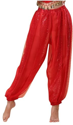 Generisch Pantalones de lentejuelas para danza del vientre, pantalones de danza de danza de gasa, pantalones de mujer, rojo, M