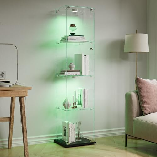 BPKADHY glasvitrinskåp stående med LED-belysning, glasvitrinskåp stående med 4 glasgolv och 1 glasdörr, vitrinskåp för vardagsrum kontor samlarobjekt böcker vin svart
