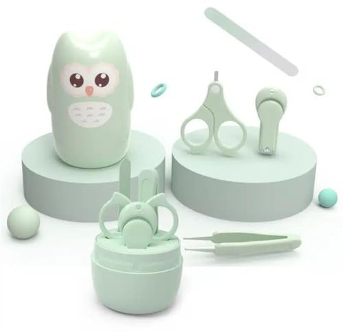 Juego de cortauñas bebé con Tijera de seguridad, lima y pinza - kit de Aseo y cuidado bebé - Set higiene para bebés con Estuche búho - Apto desde recién nacidos. (VERDE)