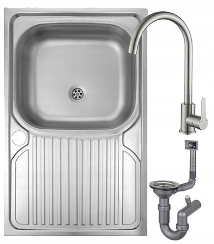 DomoDomo – Fregadero de cocina de acero inoxidable 80 x 50 – Fregadero de cocina con escurridor – Fregadero con juego de grifería – Fregadero con grifo y sifón