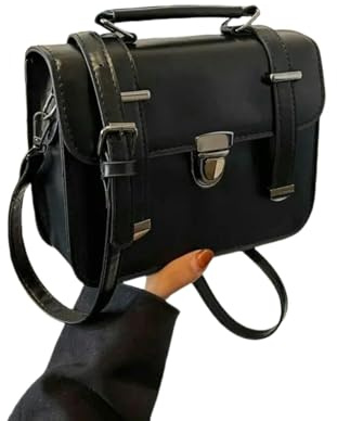 XYNM Handtasche Kleine Quadratische Tasche Für Mädchen, Retro College Stil Crossbody Schulter Handtasche, Einfaches Design Mit Metall Schloss Schnalle Dekoration-schwarz