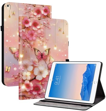 Coque pour iPad 9,7 Pouces (Modèle 2018/2017, 6ème/5ème Génération), Housse Étui à Rabat de Protection avec Fonction Support, Porte-Pencil, Veille/Réveil Automatique, Papillon de Florale
