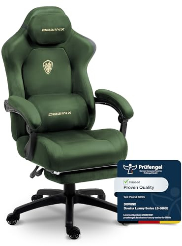 Dowinx Gaming Chair Ergonomic with Adjustable Massage Lumbar Cushion, Soft Microfiber Velvet Office Chair, Thick Padded Seat, Retractable Footrest, Adjustable Armrests, 155° Reclining Backrest, Green