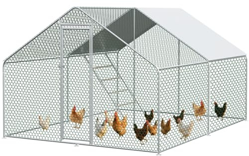Hühnerstall mit Leiter, 3 x 4 x 2 Meter, Verzinkter Stahl, Freilaufgehege Tiergehege für Hühner Hasen, Kleintiergehege mit Obere Stützstange, Sonnenschutzdach und Tür für Hühner Ente Kleintiere