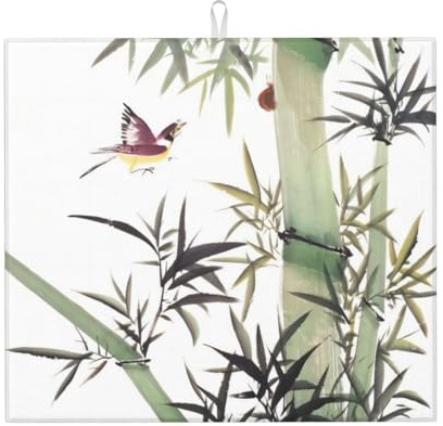 Tapete de cocina antideslizante con estampado de pájaros de bambú con cuerda para colgar, 45,7 x 40,6 cm, absorbente, apto para encimeras, fregaderos y estantes de drenaje
