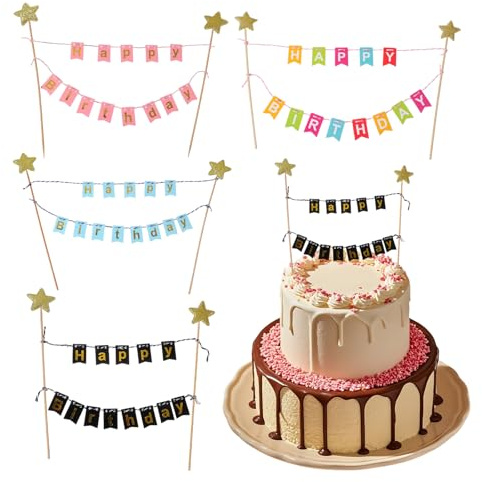 4 Happy Birthday Tortendeko Banner, Tortendeko Geburtstag Banner Happy Birthday Kuchendekoration Mehrfarbige Girlande Geburtstags-Hochzeitsparty-Dekoration Dessertparty-Dekoration