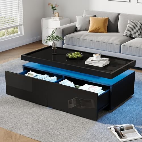 CelticHearth Mesa de centro con LED, 95 x 45 x 35 cm, color negro brillante, 2 cajones, mesa de salón moderna, tablero de partículas, control por aplicación