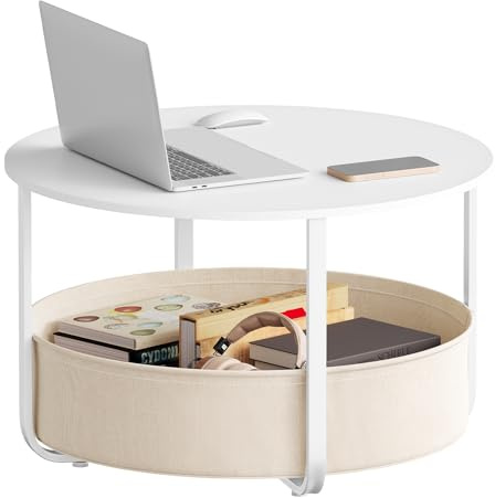 WOLTU Runder Couchtisch Ø 80 x H 50 cm, Nachttisch mit Aufbewahrungskorb, aus PB-Platte + Metall + Segeltuch, moderner Stil, für Wohnzimmer und Schlafzimmer, Weiß + Beige