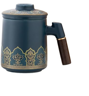 Wanyidaxing Tasse à thé en céramique de 414 ml, décalcomanie, avec filtre et couvercle, poignée en céramique et bois, tasse à thé en vrac avec filtre est un cadeau pour les amateurs de thé (cerf bleu