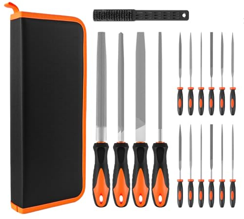 Set di lime per metallo, legno e plastica, 17 pezzi, 4 lime grandi, 12 lime ad ago, spazzola in metallo e sacchetto per la conservazione, set professionale per sbavatura, lucidatura e progetti fai da