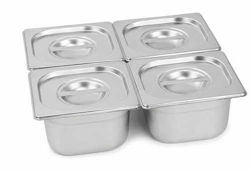 CateringBase Stainless Steel Gastronorm Pan 1/6 with Lids, 100mm Deep, Food Storage Tray for Bain Marie, Buffet, 4 Pack