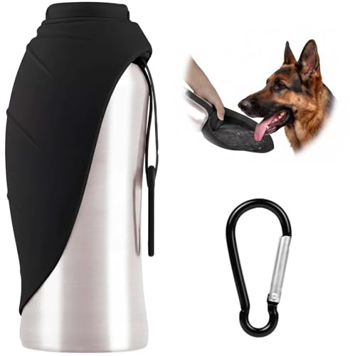VSSHE Gourde pour Chiens, 700 ML Bouteille d'eau Isotherme en Acier Inoxydable, Bol d'eau Portable AVCE Mousqueton pour Chat Et Chien d'Extérieur - Intérieur, Extérieur, Plage, Rromenades（Noir）
