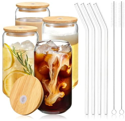 Ezwaasu Dricksglas-set, 4 stycken, 500 ml, med sugrör och lock, latte macchiato-glas, iskaffe och matcha glas, inkl. 2 rengöringsborstar
