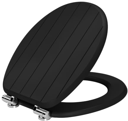 WOLTU Toilettendeckel mit Absenkautomatik, WC Sitz O-Form aus MDF, Scharniere aus Edelstahl, mit 3D-Streifenmuster, bis 175 kg belastbar, Schwarz