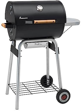 LANDMANN Holzkohlegrillwagen Black Taurus 440 | Mit Temperaturanzeige im Deckel | Emaillierter Grillrost 2-teilig & Großflächiger Warmhalterost | Höhenverstellbarer Kohlerost & Seitentisch [Schwarz]