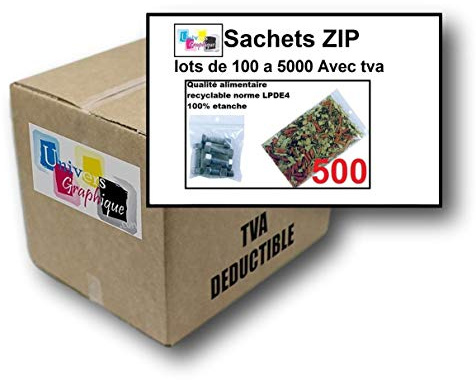 lot de 500 Sachets 150 x 200 mm fermeture zip Transparent. Sachet fermeture zip 15 x 20 cm 50u sac plastique compatible alimentaire et congélation de marque UNIVERS GRAPHIQUE REF UGS13-500. Facture avec T.V.A déductible