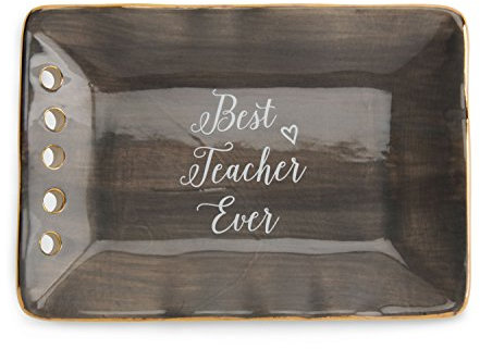 Pavilion Gift Company Emmaline-Best Teacher Ever Gray and Gold Ceramic Jewelry Dish