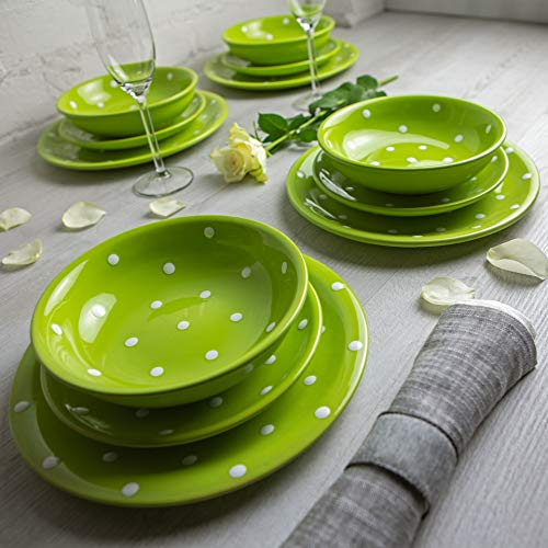 City to Cottage® Set de 12 piezas de Vajilla de Cerámica Pintada a Mano en Verde Lima y Blanco | Vajilla con Diseño de Lunares para 4 | Plato Grande | Plato Pequeño | Plato Hondo