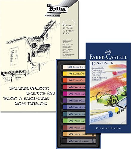 Faber-Castell 128312 Creative Studio Softpastellkreide, 12 Farben Sortiert im Kartonetui (Kreide + Block, 12 Farben)
