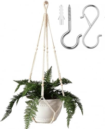 Bouqlife 43 Inches Macrame Plant Hanger Large for 12 inch Pot Extra Long No Tassel Cotton Rope Hanging Plant Holder with Ceiling Hook Bohemian Home Decor