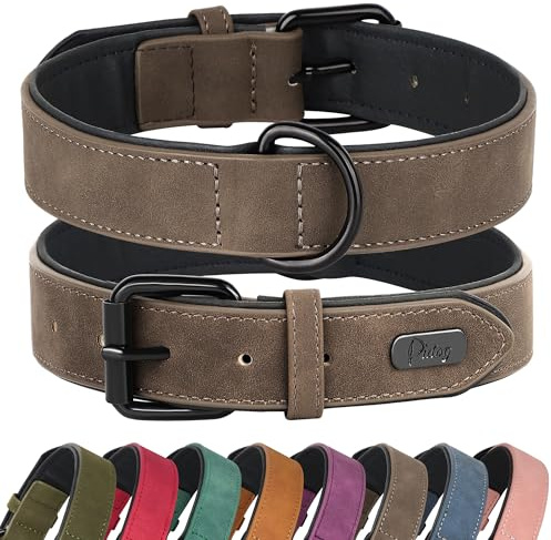 Didog Hundehalsband aus weichem, gepolstertem Leder, atmungsaktives, strapazierfähiges Hundehalsband aus Leder mit Verstellbarer, rostfreier Metallschnalle für mittelgroße und große Hunde, Braun, M