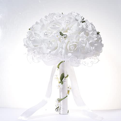 Romantische Hochzeits Rosenblumen Handstrauß,Brautstrauss Gefälschte Rose Braut Bouquet Blume Künstliche Blumenstrauß Braut Brautjungfern Blumensträusse Künstlich Blume mit Perle für Hochzeit