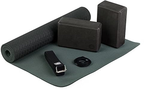 Bodhi Yoga Starter-Set Komplett | Rutschfeste Yogamatte aus TPE inkl. 2 Yogablöcken aus Eva (Moosgummi) und 1 Yogagurt aus Baumwolle | Einsteiger-Set für Yoga-Anfänger | schwarz