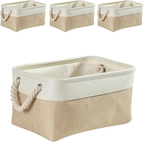 Mangata Lot de 4 grandes boîtes de rangement en toile avec poignées pour armoires, armoires, étagères, salle de bain, vêtements, jouets, serviettes (pliables, Blanc Kaki)