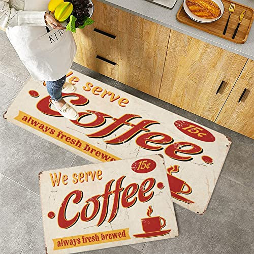 Küchenteppich Teppich Läufer Küchenläufer 2 Stück,Retro Tin Rusty Faded Fresh Brewed Coffee Print aus Old Days Fifties Style Art Work, Cream Senf,Rutschfest waschbar für Flur Küche 40x60 cm+40x120 cm