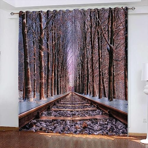 Kinder Verdunkelungsvorhänge Waldbahnlandschaft 3D Polyester Ösen Vorhang, Für Wohnzimmer Schlafzimmer Blickdicht Schallschutzvorhänge 2Er Set 2X 183 X 214 cm (B X H) -Esszimmervorhang