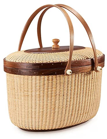 Geflochtener Rattan-Picknickkorb für 2 Personen, mit Holzboden und unabhängigem Deckel, kleiner Picknickbehälter, mit 2 Griffen zum sicheren Tragen, für Outdoor-, Familien-, Camping-Picknick (Größe: 3