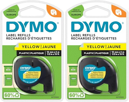 DYMO Original LetraTag Etikettenband | schwarz auf gelb | 12 mm x 4 m | selbstklebendes Kunststoffetiketten | für LetraTag-Beschriftungsgerät (Packung mit 2)
