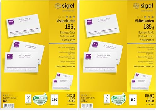 SIGEL DP830 bedruckbare Visitenkarten hochweiß, 150 Stück (15 Blatt), 185 g, 85x55 mm (Packung mit 2)
