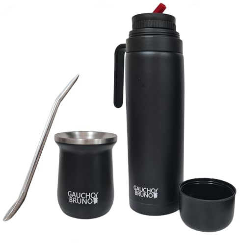 Gaucho Bruno - Kit industriel en acier inoxydable pour boire du Yerba Mate, une paille Bombilla et 1 litre facile à nettoyer | Confortable à tenir | Chaud plus longtemps, noir
