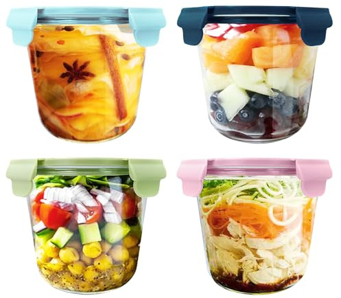 binsakao Glass Containers With Lids - 700 ML Soup Containers with Lids - Meal Prep Container Glass Bowls, Freezer, Microwave and Dishwasher Safe - Pack of 4 (Clear)