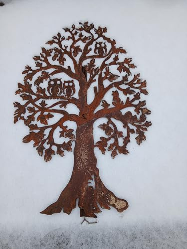 iss-kohli Edelrost Gartendeko rost Stele 120 cm hoch 80 cm breit Baum Linde mit Eule