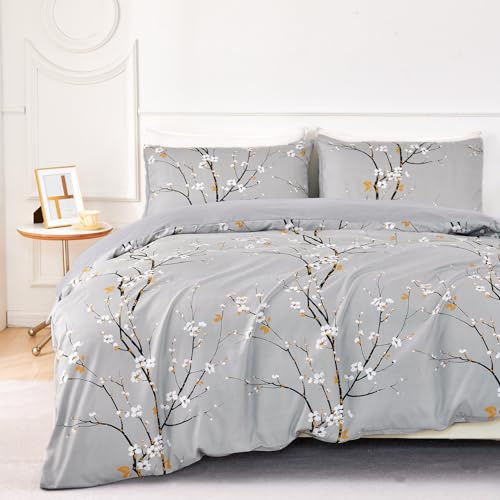 Jemiipee Set Housse de Couette à Motif Fleurs et Branches 220x240 cm 1 Personne et 2 x Taies d'oreiller 65x65 cm Parure de Lit Floral Microfibre Moderne avec Fermeture Eclair, Gris