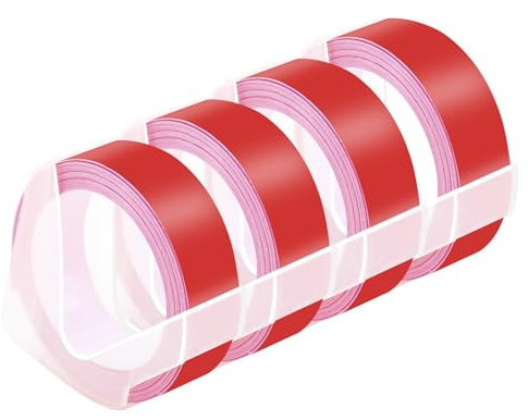 NineLeaf 4 Packung Ersatz für Dymo S0898152 521202 3D Kunststoff Prägebändern 12mm x 3m Weiß auf Rot Bänder Schriftband für Office Mate II 1540 154000 Organizer Xpress Pro 1575 Beschriftungsgerät