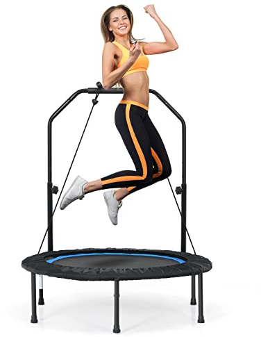 COSTWAY 40 Mini Trampoline, Foldable Fitness Bouncer with 4-Level Adjustable Foam Handle & 2 Resistance Bands, Indoor Outdoor Exercise Rebounder Workout for Kids & Adults