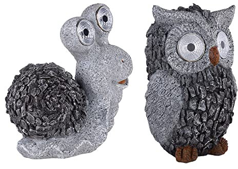 Solar Gartenskulptur für Außen Gartendeko Schnecke Eule Figur Skulptur grau Akku, 1x Schnecke und 1x Eule, Kunststoff, 2x LED 3000K, 2er Set