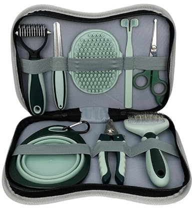 Professional 8 Piece Grooming Kit for Dogs or Cats-Pet Grooming Accessories Set with Fluffy Comb, Knotting Comb, Foldable Bowl, Nail Clippers, File, Forked toothbrush, Cosmetic Shears, Shower Puff