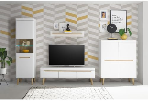 Lomadox Anbauwand in Weiß Matt mit Eiche, 4-teilig, Standvitrine, TV-Lowboard, Wandboard, Highboard