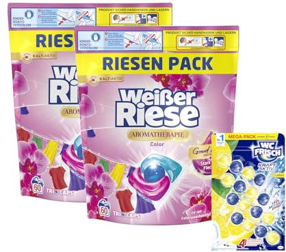 Weißer Riese Color Trio-Caps A-Th. Orchidee & Macadamiaöl (1x 120 WL), Color Waschmittel mit Good Mood-Duft & WC FRISCH Kraft Aktiv Duftspüler Lemon, 1x 200 g