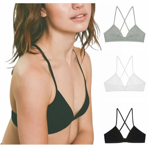 Cotton Bras for Women Non Wired, Sexy Solid Color Triangle Bra Ribbed Cross Back Spaghetti Strap Bra V Neck Unpadded Bra Ladies Seamless Bras for Women UK Women's Underwear Bralette Sale Black