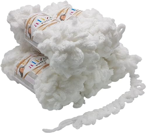 500 Gramm Puffy Schlaufenwolle Ilkadim Export, 5 x 100 Gramm Fingerstrick - Wolle super bulky, Schlaufenwolle, Strickwolle, Stricken ohne Nadel (55 weiss)