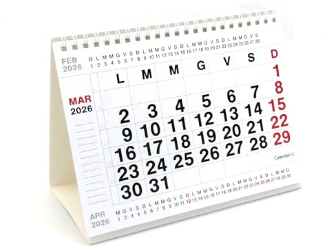 Calendario 2026 numeri grandi da tavolo misura 20 x 15 cm. Festività italiane. Ideale per scrivania ufficio casa e lavoro